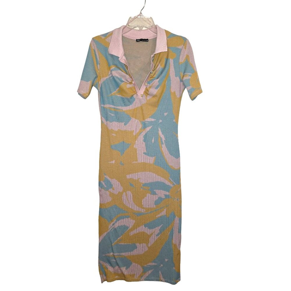 Zara Abstract‎ Floral Pattern Bodycon Dress Short Sleeve Collared Neckline